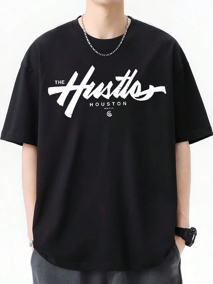 Houston Hustle Graphic Men's Fashion T-Shirt, Men's 220gsm New Summer Casual Crew Neck Pure Cotton Short Sleeve T-Shirt (1 Pc) - 黑色 - 查看 1