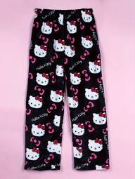 Sanrio Women's Hello Kitty Black Flannel All-Over Print Fluffy Pajama Pants, Cute Cartoon Print Soft Skin-Friendly Sleepwear Bottoms, Versatile & Comfortable For All Occasions, Ideal Warm Gift For Couples, Best Friends, Birthdays, Holidays, Fall Winter, Cozy