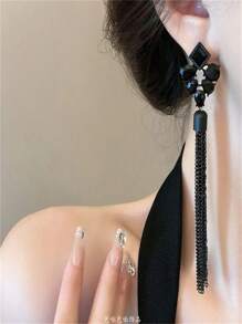 Elegant Black Rhinestone Tassel Chain Drop Earrings, Luxury Minimalist Long Earrings, Versatile