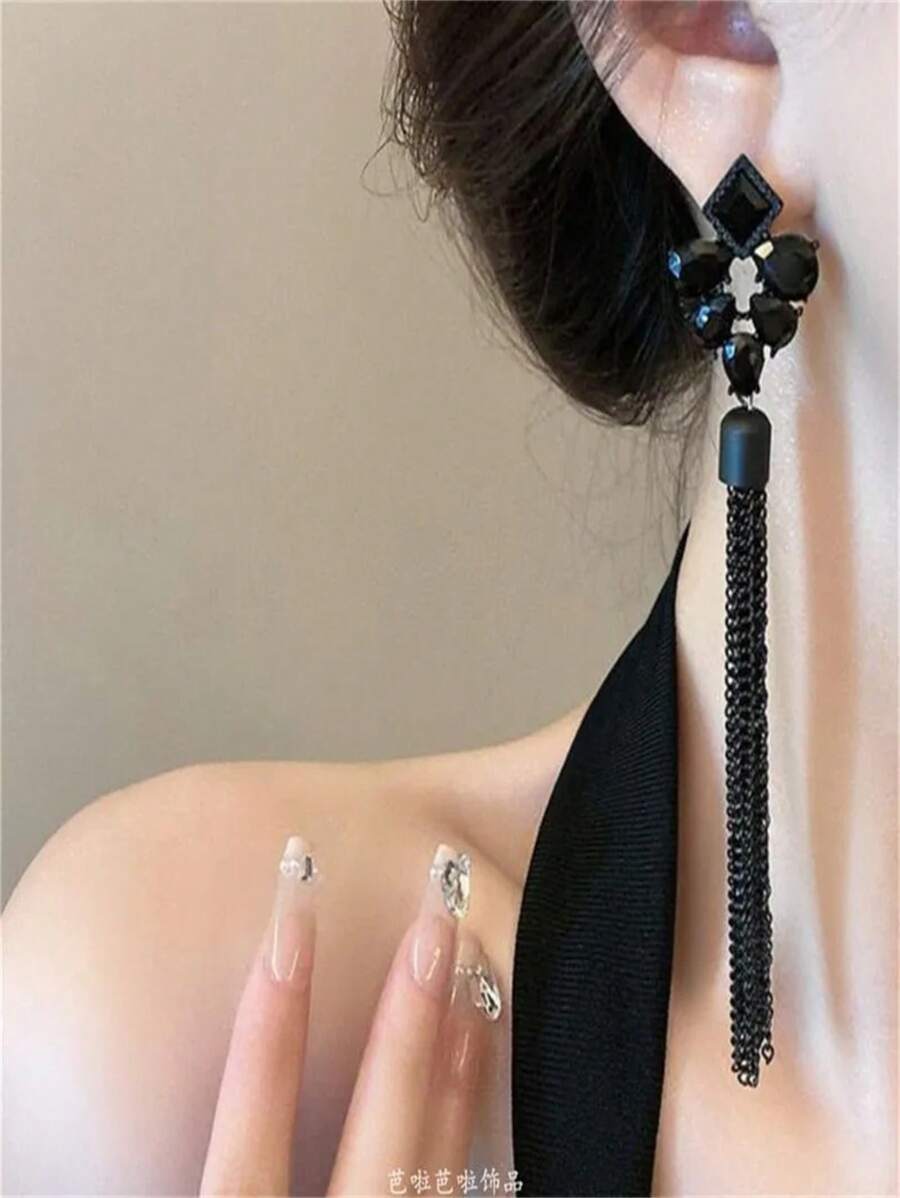 Elegant Black Rhinestone Tassel Chain Drop Earrings, Luxury Minimalist Long Earrings, Versatile