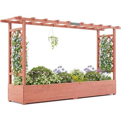 HomelyHues Arched Trellis Garden Planter With Hanging Roof - Elevated Wooden Raised Bed For Climbing Vines, Features Side Supports & 4 Drainage Holes - Above Ground Outdoor Planter Box, 79"X17"X45"