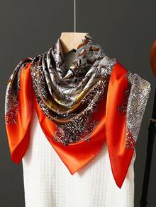 1pc Beige Vintage Floral Print Soft & Elegant Women's Scarf/Headscarf, 90x90cm, Versatile & Suitable For All Seasons, Great Gift - Orange - View 2