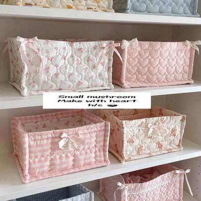 1pc Cute Pink & Blue 3D Bow Lace Storage Basket, Desktop Organizer Rack, Lipstick, Makeup Brush And Skincare Storage Box, Desktop Decoration, Cosmetic Organizer, Portable Picnic Basket, Valentine's Day Gift, Back To School Gift, Dorm Essential