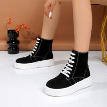 Tênis de Moda Feminina 2025 Primavera Outono, Tênis Esportivos, Sapatos Casuais com Sola Grossa e Respiráveis, Botas Estilosas Mid-Calf com Cadarços e Zíper Lateral