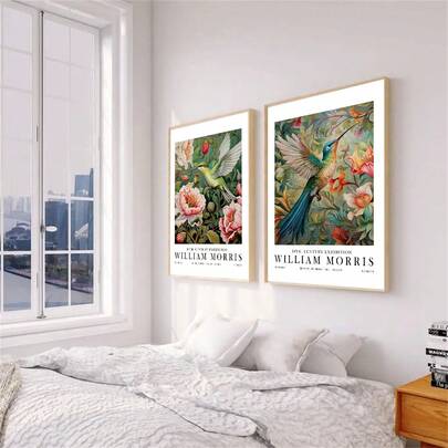 1Pc/2Pcs William Morris Hummingbird Wall Art Decor Posters Abstract Vintage Flower Bird Canvas Prints Fashion Paintings For Living Room Bedroom Home Office Dormitory Decor Wall Background Design Picture Optional Frame ,Wall Art With Frame