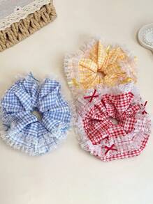 1pc Sweet Plaid Lace Scrunchie, Voluminous Bun Holder Ponytail Tie, Soft & Elegant Hair Accessory