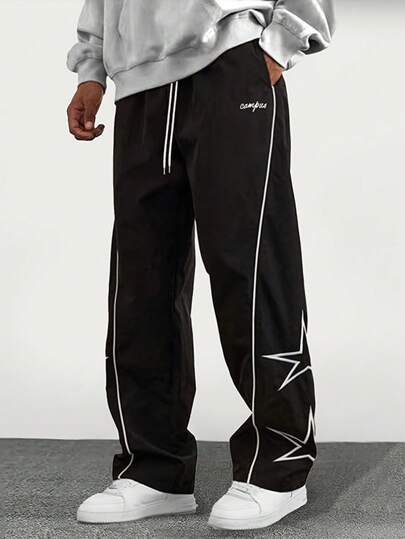 1pc Men's Straight Cut Star & Letter Printed Casual Streetwear Loose Fit Sweatpants, Fall