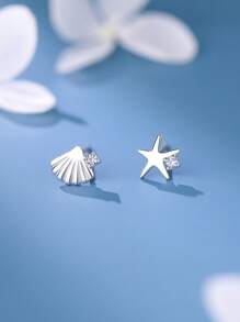 Aretes asimétricos de plata de ley 925 con diseño sofisticado de estrella de mar y concha con circonita, adecuados para uso diario y para piercings sensibles, ideal como regalo para mujeres, madres, novias (Pascua, Día de San Valentín)