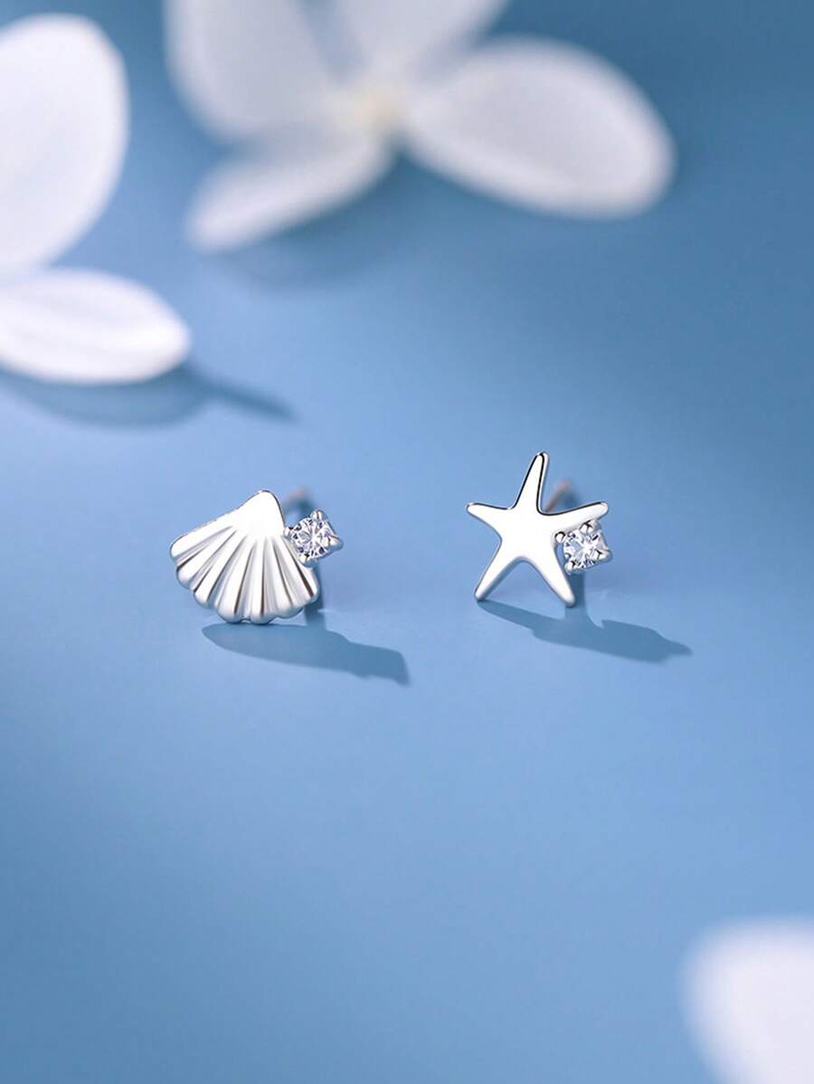 Aretes asimétricos de plata de ley 925 con diseño sofisticado de estrella de mar y concha con circonita, adecuados para uso diario y para piercings sensibles, ideal como regalo para mujeres, madres, novias (Pascua, Día de San Valentín)