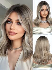 16 Inch Long Body Wave Ombre Blonde Synthetic Wig Middle Part Light Blonde Long Curly Wig For Women Daily Paty Cosplay Wigs,Vacation Travel Family Party Everyday Wear,Mother's Day Gifts,Eid Al-Fitr Gifts