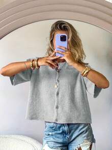 Women's Knitted V-Neck Short-Sleeved Cardigan With Front Button Decoration, Simple, Fashionable And Versatile Casual Style, Suitable For Daily Commuting Wearing Cute Sweaters