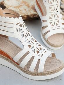 Sandal đế xuồng kiểu La Mã dệt từ dây gai dầu, sandal hở mũi họa tiết hình học màu trắng có khóa kéo phía sau dành cho nữ, phù hợp với trang phục mùa xuân hè. - trắng - Xem 7