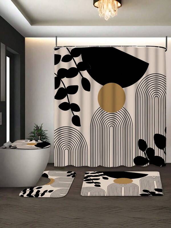 1pc/4pcs Home Decor Bathroom Shower Curtain Set, Made Of 100% Polyester Fabric, Waterproof & Easy To Clean, Includes 12 Hooks, Toilet Seat Cover, Anti-Slip Bathroom Mat Carpet, Washable Curtain Fabric, Essential Bathroom Accessories For Dorm, Home Room Decor Back To School