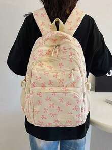 尼龙蝴蝶结印花背包套装，可折叠多口袋大容量防水拉链背包，适合高中生、大学生、女士、日常使用、通勤、旅行、情人节礼物