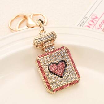 Rhinestone Heart-Shaped Perfume Bottle Keychain, Metal Fashion Heart Shiny Charm Bag Hanging Key Chain, Zinc Alloy Party Accessories, Summer Car Accessories Bag Charm Backpack For School Christmas Gift Ideas Bag Lanyards With Id Holder Car Accessories Bag Charms