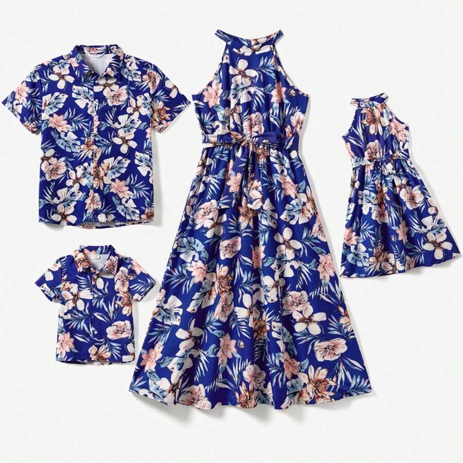 Family Matching Allover Plant Floral Print Halterneck Dresses And Short-Sleeve Shirts Sets - Xanh đậm - Xem 1