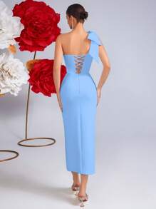 Elisanya One Shoulder Bowknot High Waist Pleated Open Back Tie-Up Ball Gown Party Dress