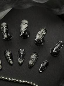 10 Peças Conjunto de Unhas Completo Feito à Mão, com Unhas de Olho de Gato Pretas e Brancas em Formato de Amêndoa, Conjunto de Unhas Decorativas 3D com Textura Metálica Punk Rock Quente, Adequado para Uso Diário e Participação em Festas, Festas Temáticas e Outros Eventos por Garotas. Acompanha 1 Mini Lixa de Unhas e 1 Etiqueta Adesiva Dupla Face.