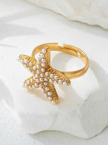 4pcs Fashion Classic Casual Crystal Pearl Starfish Adjustable Ring Set, Gift For Wife Friends, Can Be Worn For Beach, Party, Commute