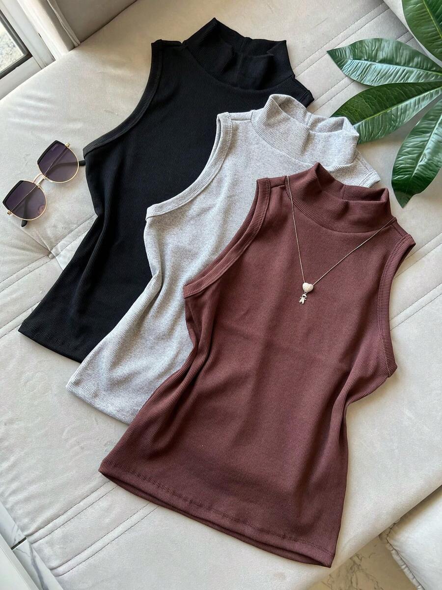 3 Pieces Tank Top Kit With High Neck Ribbed Fabric Striped Basic Long Tank Top Winter Fashion Color Block Cut And Sew Striped Casual Elegant Knitted Button - 黑色+灰色+棕色 - 查看 1