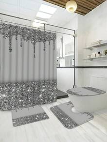1/4pcs Silver Glitter Water Drop Design Shower Curtain Set, Polyester Fabric Printed Waterproof & Easy-Clean Bathroom Decor Set Includes Shower Curtain, Non-Slip Rug, Toilet Lid Cover, Bath Mat & 12pcs Plastic Hooks, Bathroom Dry/Wet Separation Curtain, Home Essentials, All Seasons Bathroom Accessories Back To School - 彩色 - 查看 12