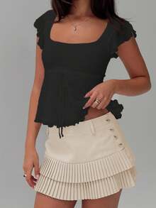 Women Y2k Floral Shirt Summer Crop Tops Frairycore Embroidery Ruffled Shirts Tie Bow Front Jacquard Slim Fit T Shirts Flying Sleeve Square-Neck Casual Going Out Tops Party Club Streetwear Aesthetic Clothes - 黑色 - 查看 1