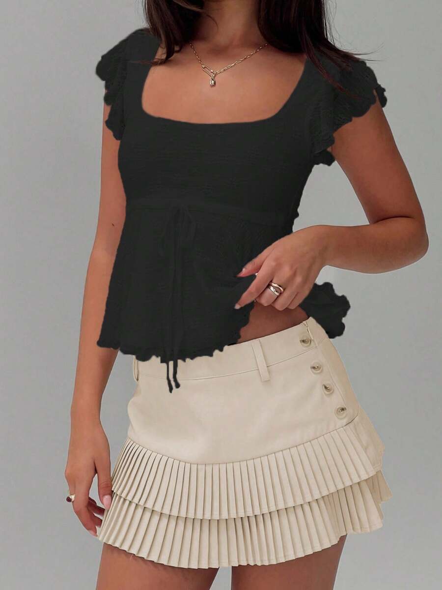 Women Y2k Floral Shirt Summer Crop Tops Frairycore Embroidery Ruffled Shirts Tie Bow Front Jacquard Slim Fit T Shirts Flying Sleeve Square-Neck Casual Going Out Tops Party Club Streetwear Aesthetic Clothes - 黑色 - 查看 1