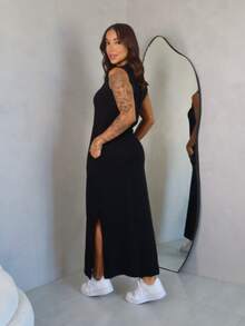 Long Dress With Slit And Pockets 100% Cotton - Negro - Ver 2