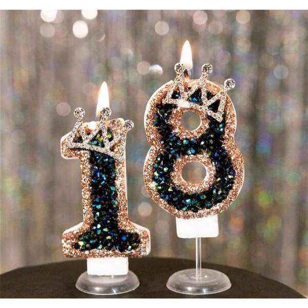 1pc Black & Gold Crown Candle Number Birthday Cake Topper, Shiny Gold, Black & Gold Luxury, 0-9 Numbers Available For DIY, Suitable For Birthday, Festivals, Parties, Wedding Anniversary, Enhances Festive Atmosphere