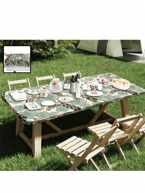 1pc Spring & Summer Animal Floral Pattern Polyester Outdoor Picnic/Dining Table Cover, Suitable For Home, Kitchen, Restaurant, Jungle Giraffe Decor Tablecloth