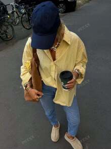 Nouvelle arrivée DEEKA, Chemise ample rayée jaune de style mode casual pour femmes influentes en été