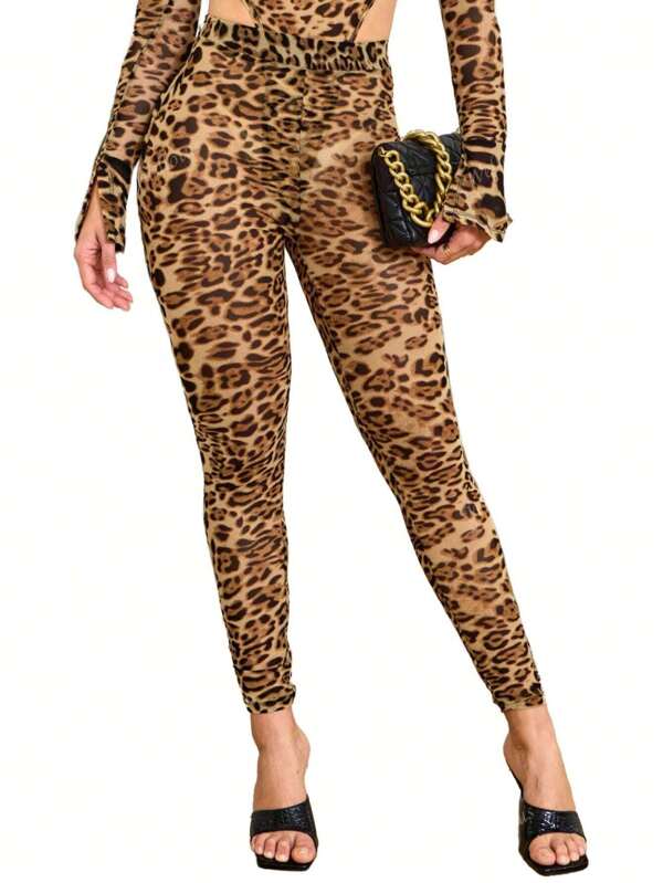 Women's Sexy Sheer Mesh Leopard Long Pant Summer Beach Yoga Workout Skinny Legging Pant