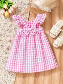 Girls Gingham Sleeveless Bowknot Dress, Pink Country Style Summer Outfit For Kids, Suitable For Rural Picnics, Summer Outings, And Daily Wear. Fits Girls Aged 4-7, Spring/Summer - Pink - View 2