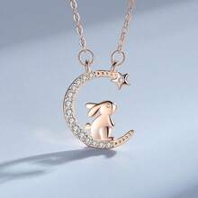 1 Pc Moon & Cute Rabbit Design Necklace, Adorable Nature Style, Starry Rhinestone Decor Animal Pendant Collarbone Chain, Korean Fashion