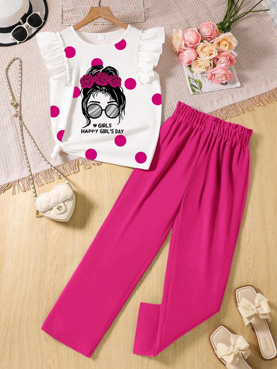 Tween Girls Cartoon Graphic Print Ruffle Trim Short Sleeve Top And Long Pants Set - Hot Pink - View 1