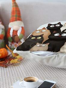 4pcs Cute Cartoon Cat Pattern Pillow Covers, Simple Cartoon Style Square Faux Linen Hidden Zipper Single-Sided Print Cushion Cover, Not Including Pillow Inner, Suitable For Farmhouse, Living Room, Bedroom, Sofa Decoration - Gray Brown - View 8