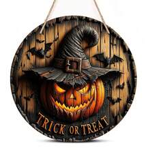 1 件万圣节家居装饰 2D 万圣节南瓜巫师木制圆形标志创意装饰 - 彩色 - 查看 2