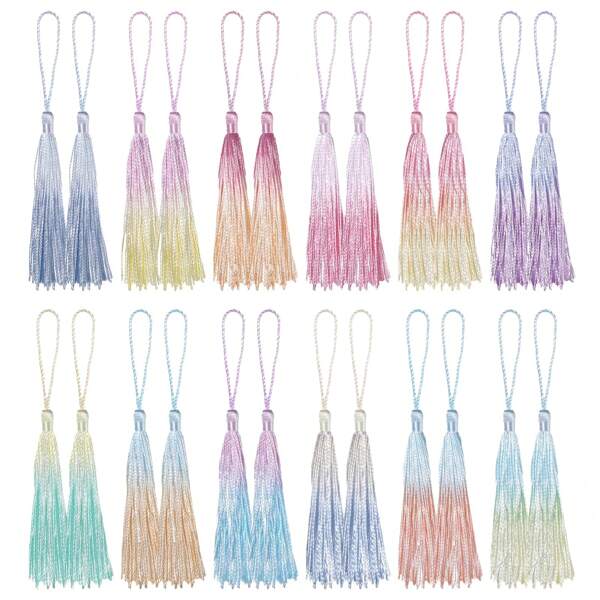 12/24 件迷你流苏书签，彩色书签流苏用于工艺品，13 厘米/5 英寸丝滑手工软流苏书签带流苏，迷你流苏带绳环用于珠宝制作 DIY 项目书签