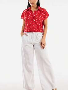 High Elastic Waist Wide Leg Linen Pants White - Multicolor - View 2