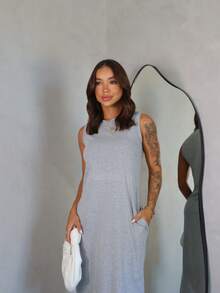 Long Dress With Slit And Pockets 100% Cotton - Xám - Xem 6
