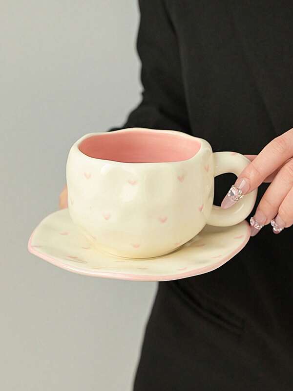 1pc Pink Heart Shaped Ceramic Coffee Mug With Saucer, Handpainted Cute Mug, Suitable For Home Gathering, Decorative Cup, Ramadan Gift For Friends