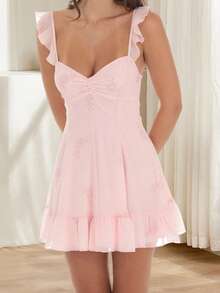 Women Mini Dress Solid Color/Floral Print Ruffles Straps A-Line Dress Summer Back Tie-Up Backless Dress - Hồng - Xem 2