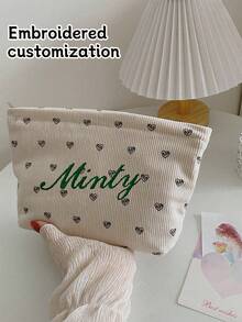 (Embroidered Custom) Beige Cute Makeup Bag Clutch, Heart Print, Corduroy Fabric, Comfortable Large Capacity Durable Portable Travel Storage Bag, Zipper Closure Washable, Dorm Essential Toiletry Bag, Suitable For Makeup Tools, Gift For Girls - Multicolor - View 6
