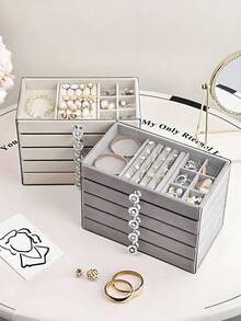 1 pieza, 7 compartimentos, 5 capas, transparente, tela de terciopelo, caja de almacenamiento de joyas de acrílico - gran capacidad para aretes, anillos, collares, uso dual en el hogar y para viajes, diseño de cajón acolchado resistente a la decoloración, regalo para mujeres, caja de joyas de estilo moderno - Acrílico de 5 capas y 7 rejillas - Ver 12