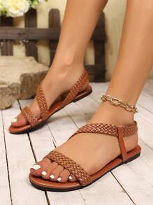 New Simple & Elegant Woven Strap Flat Sandals, Casual & Versatile, Suitable For Spring/Summer Wear, Campus, Outdoor Leisure, Daily Life. Black Woven Strap Flat Sandals, Brown Woven Strap Flat Sandals