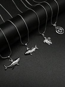 1pc Bohemian Ocean Beach Style Stainless Steel Shark, Fish, Sea Turtle Twirl Pendant Necklace, Luxury Minimalist Fashion Accessory