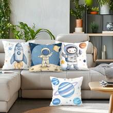 4-teiliges Set Kopfkissenbezug mit Cartoon Weltraum Motiv, einseitig Muster