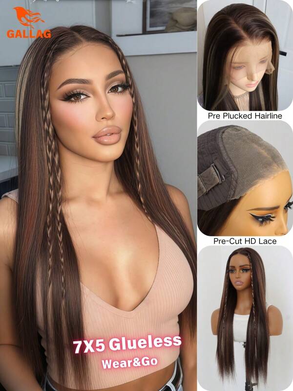 7x5 Wig Highlight Blonde Glueless Lace Front Wig Pre Plucked 5 Inch Deep Part Glueless Long Bone Straight Ombre Mixed Brown Synthetic Lace Front Wigs With Elastic Drawstring 360 Cozy Hug Put On And Go Glueless Lace Closure Wig 180% Density For Women 24 Inches