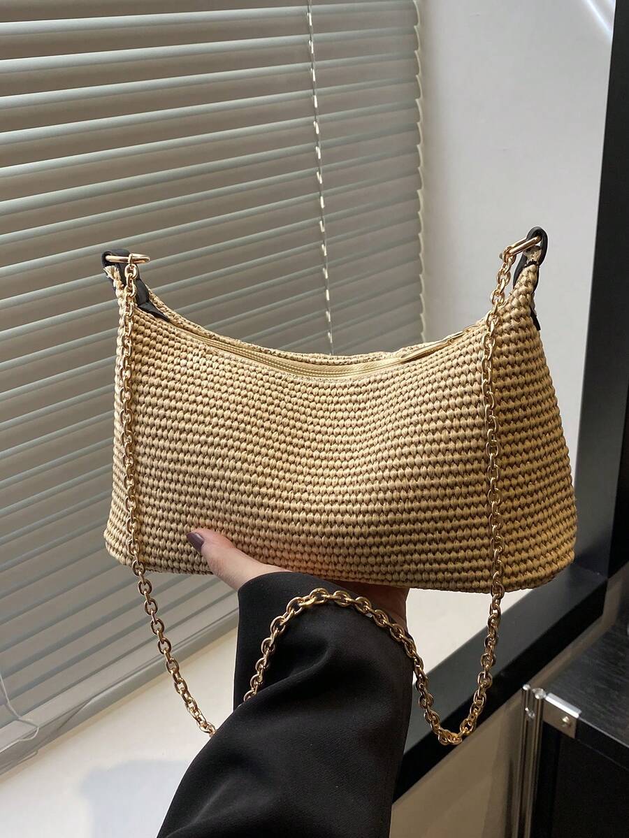 女士波西米亚海滩托特包，轻巧的草编手提包，配有金属链带，时尚休闲，适合度假，可肩背或腋下携带 - 黑色 - 查看 1
