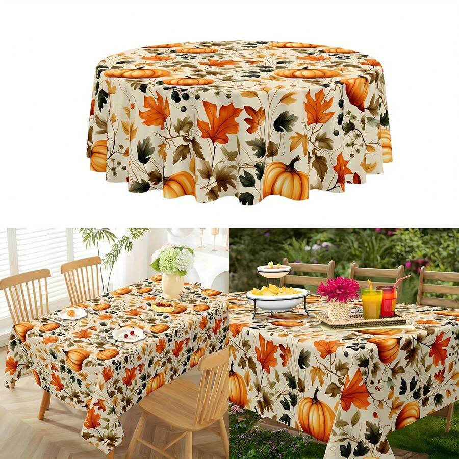 Mantel de Acción de Gracias, Mantel de mesa de comedor con impresión de hojas de arce y calabaza redonda de arándano, adecuado para decoración de cocina y comedor en época festiva de otoño